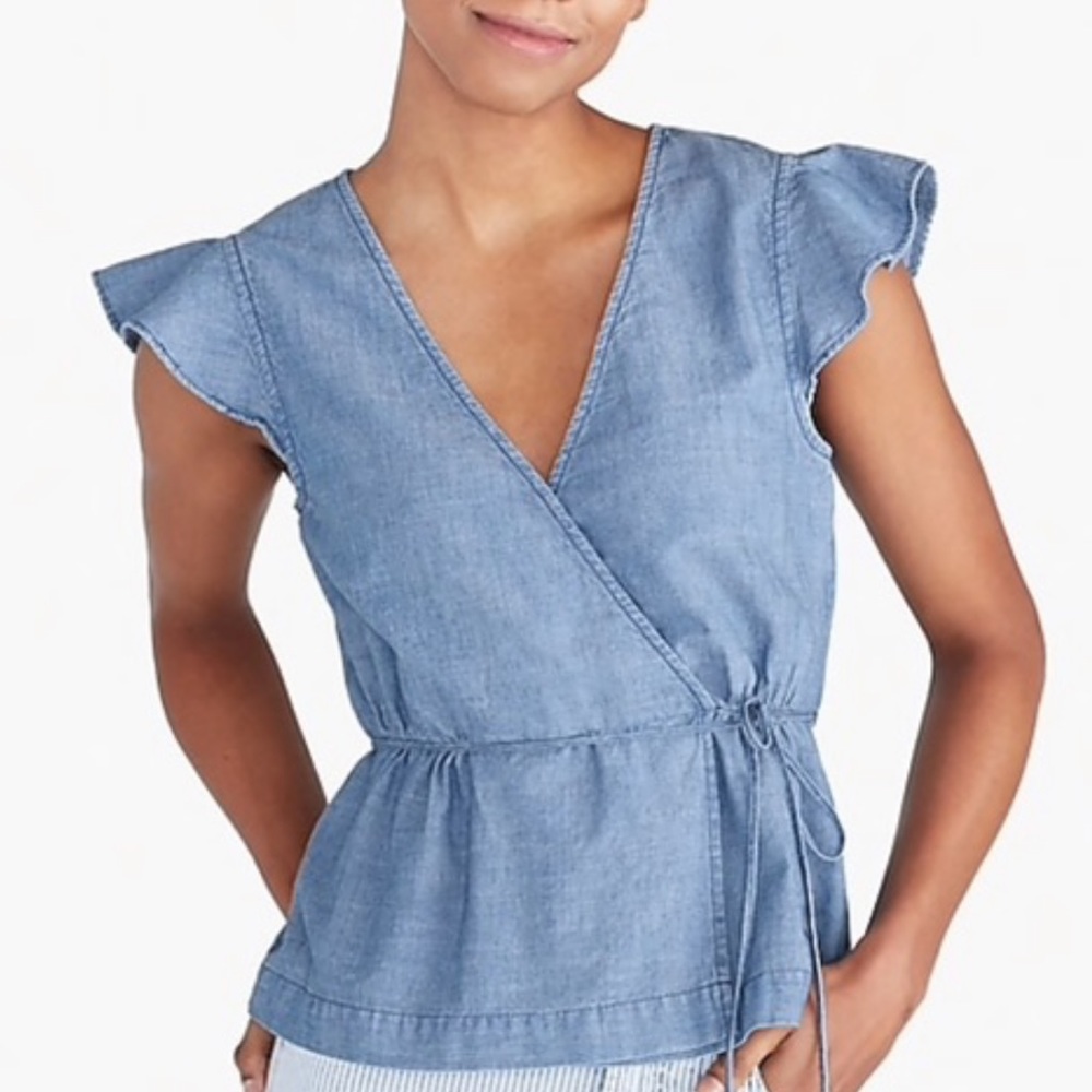 J. Crew Flutter Sleeve Faux Wrap Chambray Top - Picture 5 of 5